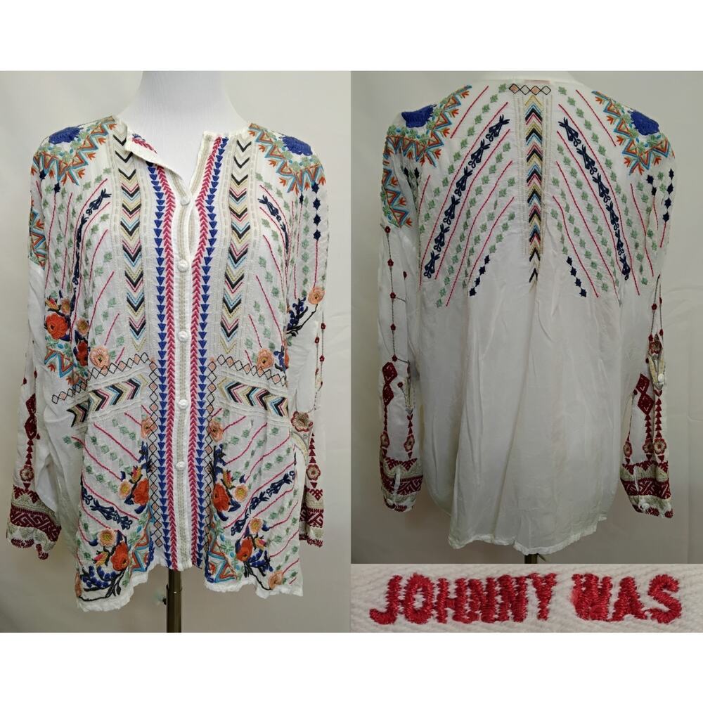 Johnny Was Embroidered Top Women's Small Boho Multicolor Flowy LS #Z5067